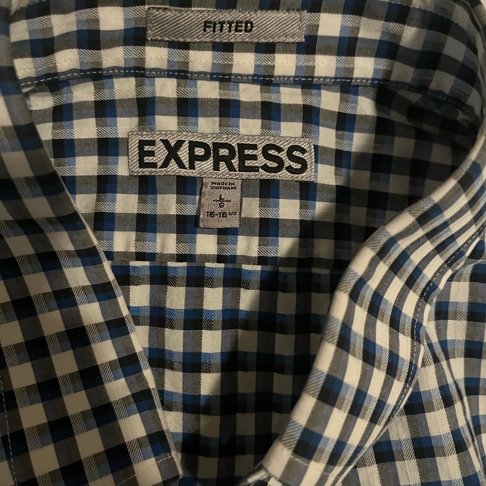 Express Men's Navy and White Plaid Shirt